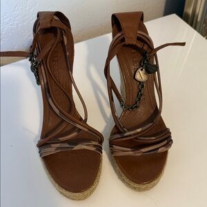 Burberry Brown Leather Wrap-Ankle Espadrille Wedge Sandals